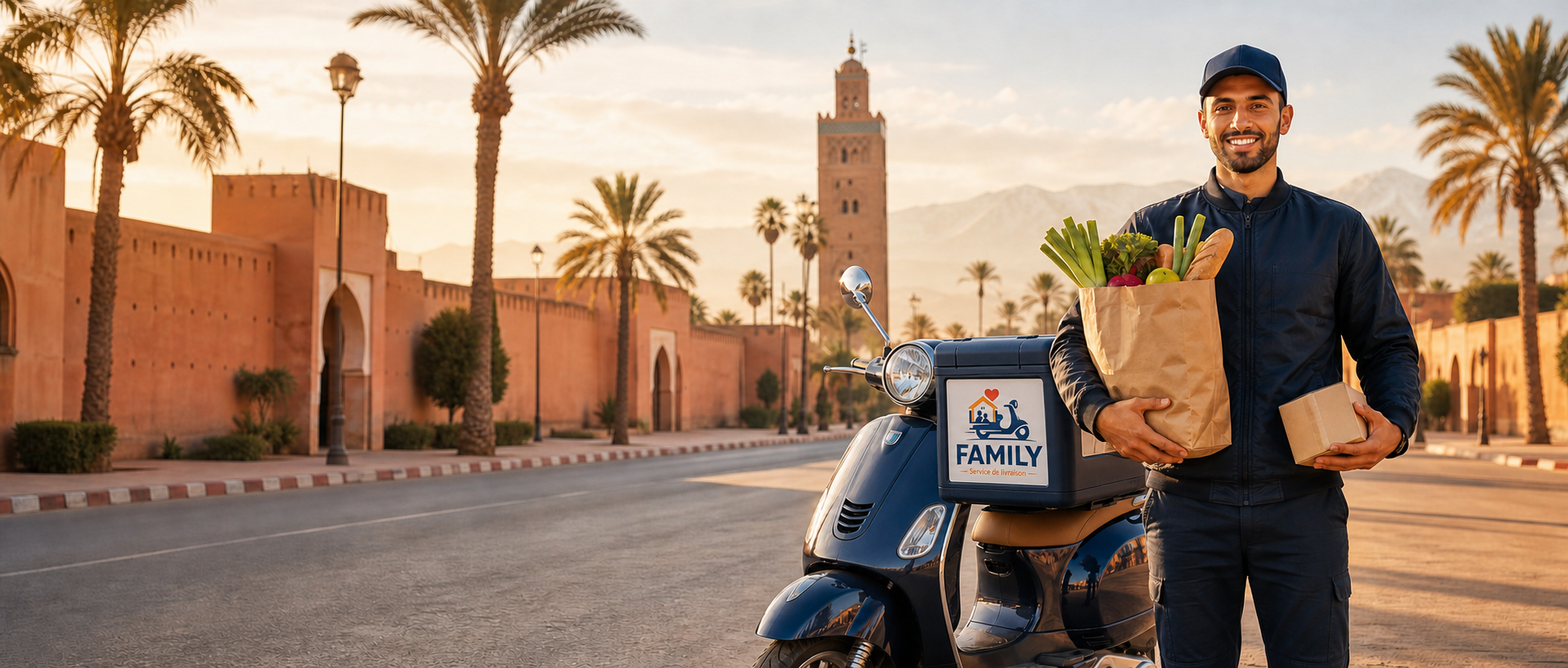 Livreur du Service de livraison Family avec un scooter équipé d'un box aux couleurs de la marque à Marrakech